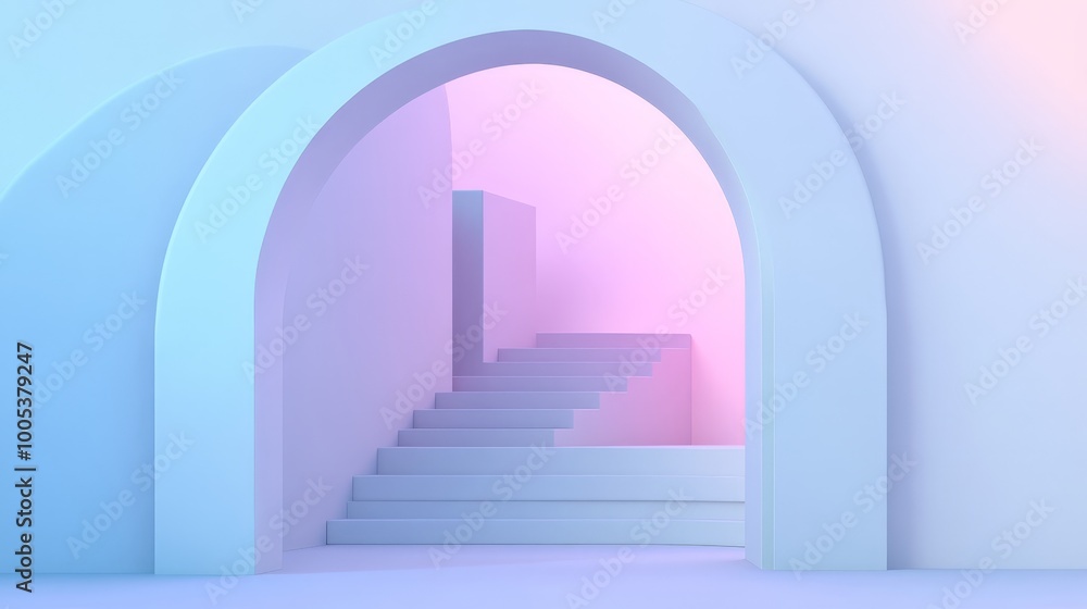 Abstract 3D geometric design featuring an arch and stairs in a modern interior, highlighted by a gradient pastel color palette Abstract 3D geometric design featuring an arch and stairs in a modern interior, highlighted by a gradient pastel color palette