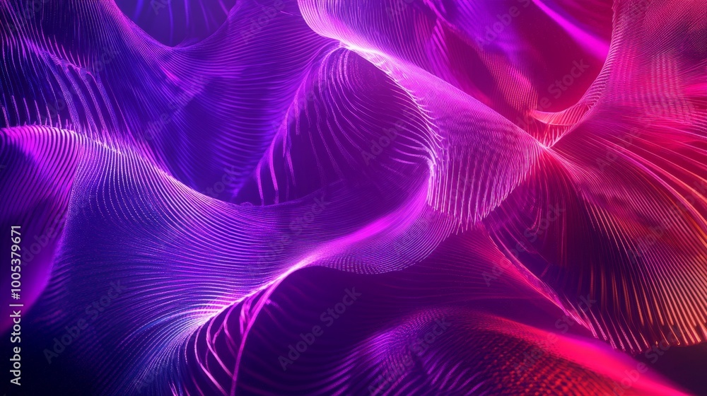 Fototapeta premium Abstract 3D neon background featuring bright purple, violet, and pink lines illuminated in ultraviolet light