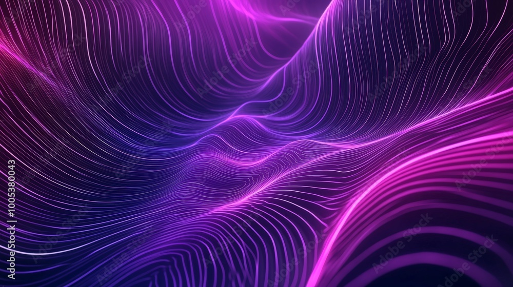 Abstract 3D neon background with a panoramic perspective, showcasing glowing purple, violet, and pink lines under UV light Abstract 3D neon background with a panoramic perspective, showcasing glowing purple, violet, and pink lines under UV light