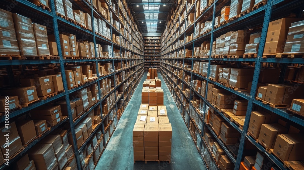 Large Industrial Warehouse with Stacked Cardboard Boxes Generative AI Large Industrial Warehouse with Stacked Cardboard Boxes Generative AI