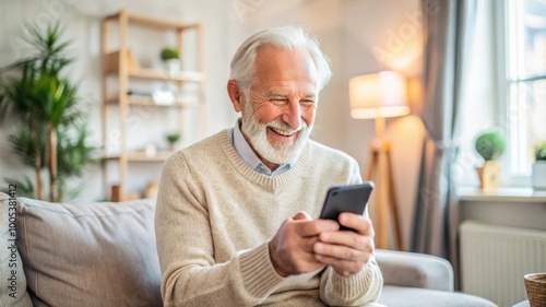 Joyful Elderly Man Using Smartphone in Cozy Room