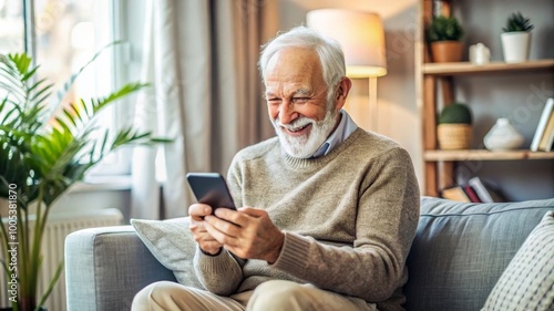 Joyful Elderly Man Using Smartphone in Cozy Room