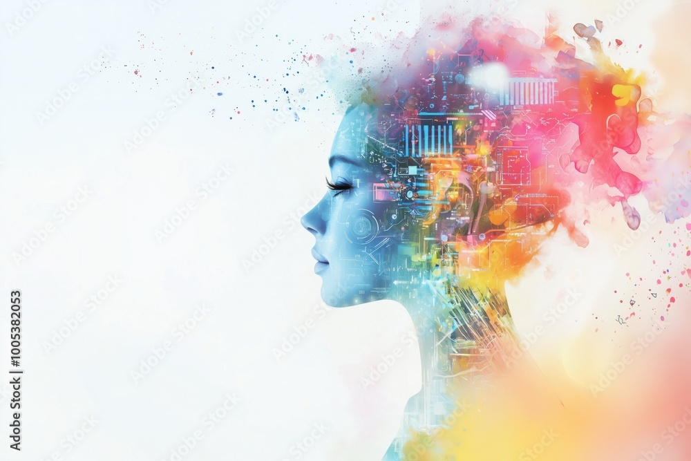 Digital Dreamscape: A woman's profile, rendered in a captivating blend of watercolor, digital circuitry, and vibrant hues. Digital Dreamscape: A woman's profile, rendered in a captivating blend of watercolor, digital circuitry, and vibrant hues.