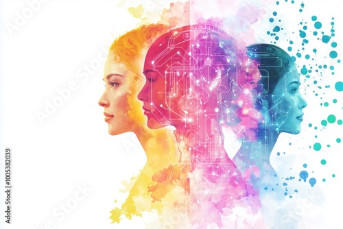 Digital Evolution: A vibrant, artistic portrayal of three female profiles merging technology and nature, symbolizing the seamless integration of humanity and AI.  
