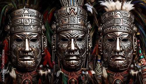 The masks could be adorned with intricate geometric patterns and symbols inspired by Incan art. These patterns would be engraved into the metallic surfaces.