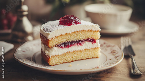 Delicious layered cake with cream and berry jam served on an elegant plate in a cozy setting