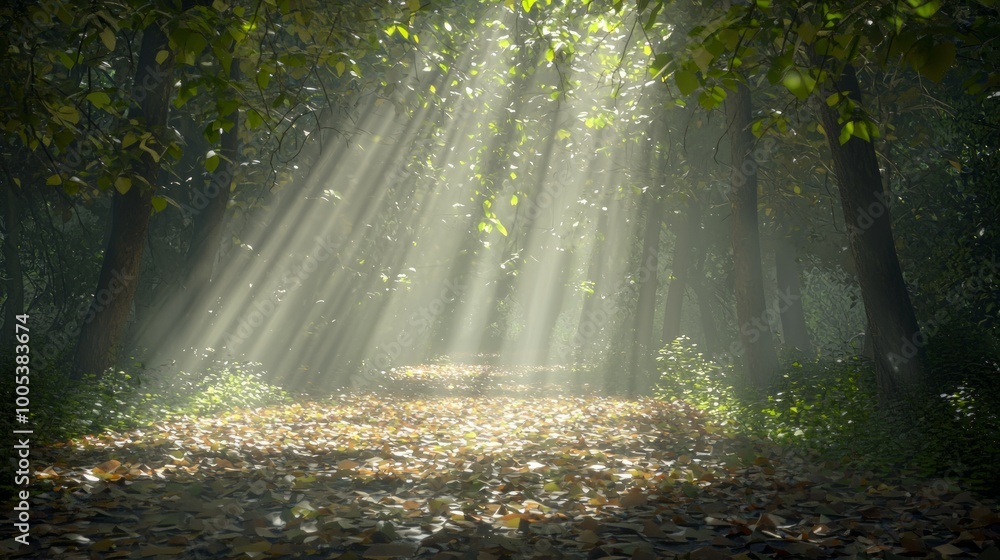 Fototapeta premium Tranquil Forest: Sunlight Filtering Through Trees onto Fallen Leaves
