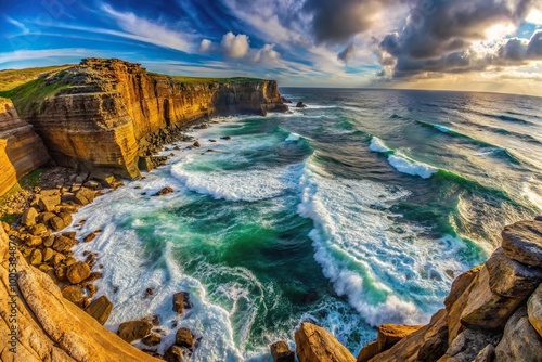 Rugged coastline with crashing waves and sea cliffs