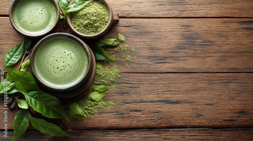 Matcha Green Tea Set on Wooden Table Generative AI Matcha Green Tea Set on Wooden Table Generative AI