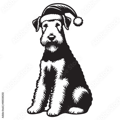 Airedale Terrier Dog Sitting Vector illustration black and white
