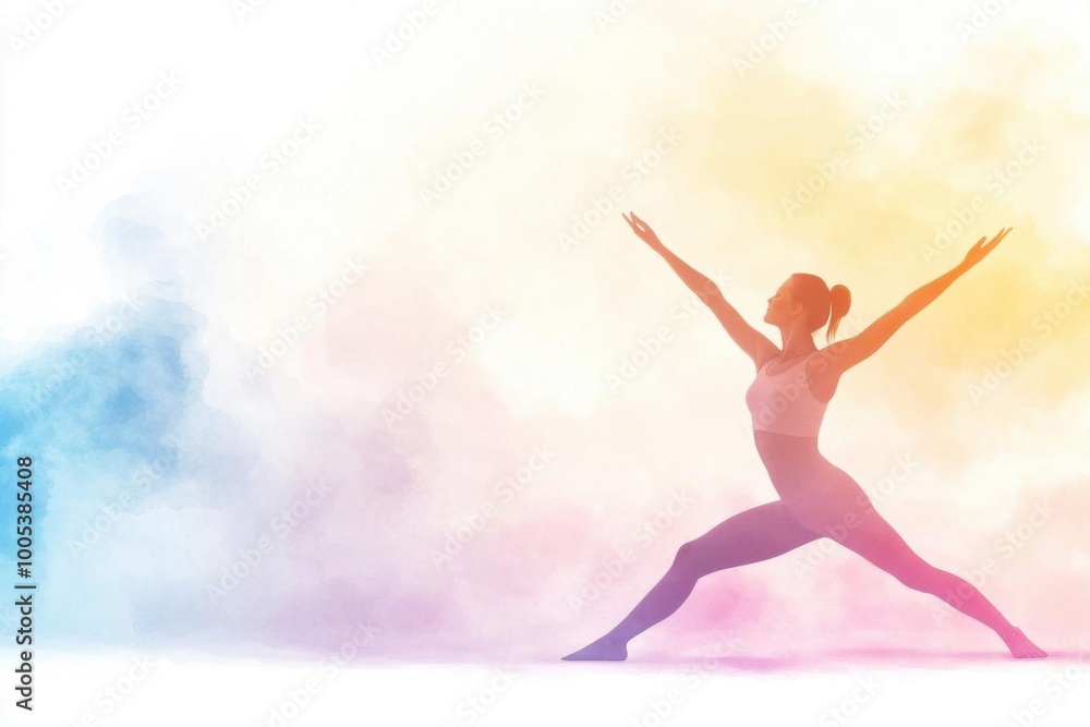 Naklejka premium A graceful female dancer in a vibrant pose against a colorful, ethereal background, symbolizing movement and creativity.