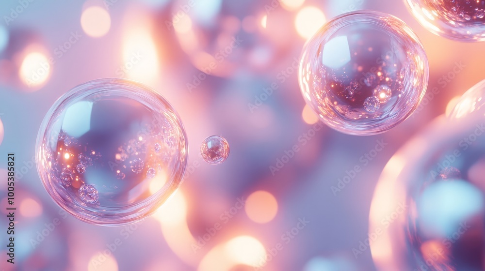 Abstract 3D spheres with translucent surfaces and glowing edges, floating in a soft, pastel-colored environment Abstract 3D spheres with translucent surfaces and glowing edges, floating in a soft, pastel-colored environment