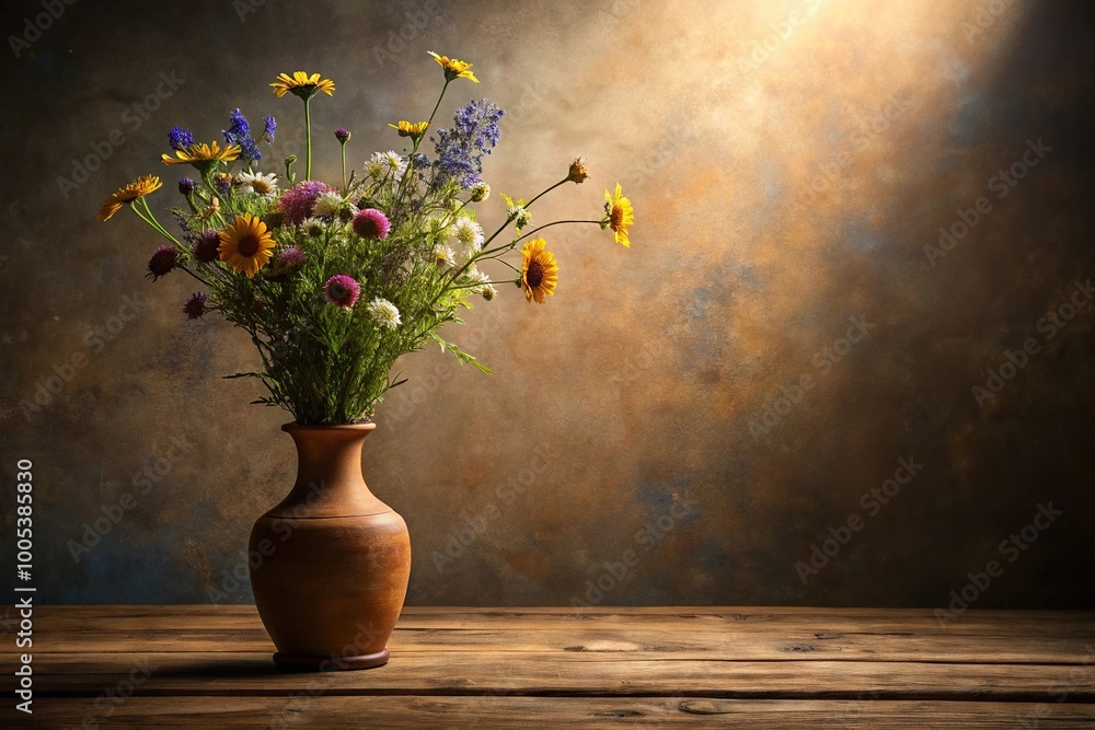 Rustic clay vase with wildflowers Rustic clay vase with wildflowers