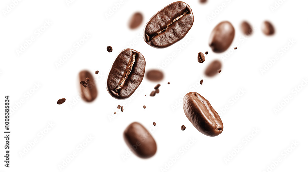 A close-up of coffee beans in the air A close-up of coffee beans in the air