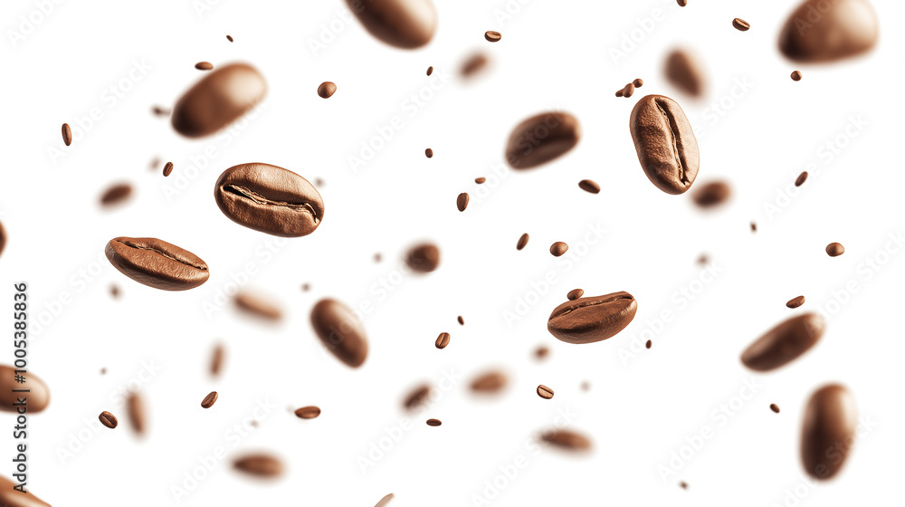 A close-up of coffee beans in the air A close-up of coffee beans in the air