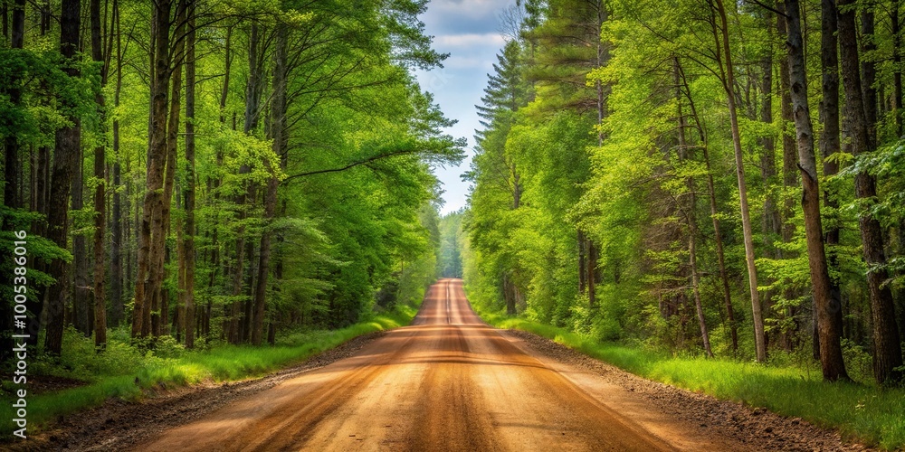 Obraz premium Rustic dirt road through dense forest in Wisconsin
