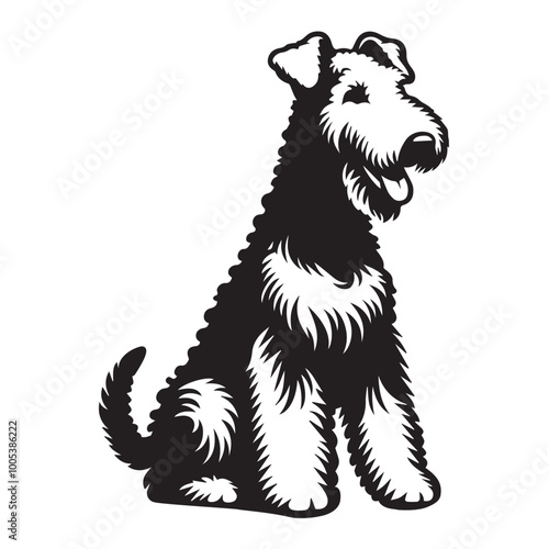 Airedale Terrier Dog Sitting Vector illustration black and white
