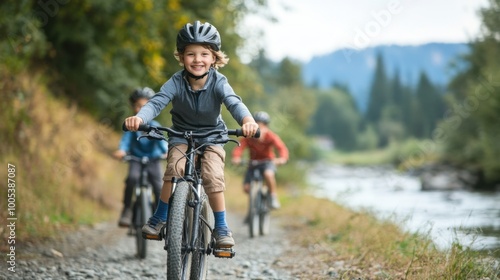 A family on a bike ride along a river trail, the kids riding ahead while the parents follow closely behind, enjoying the peaceful nature views.