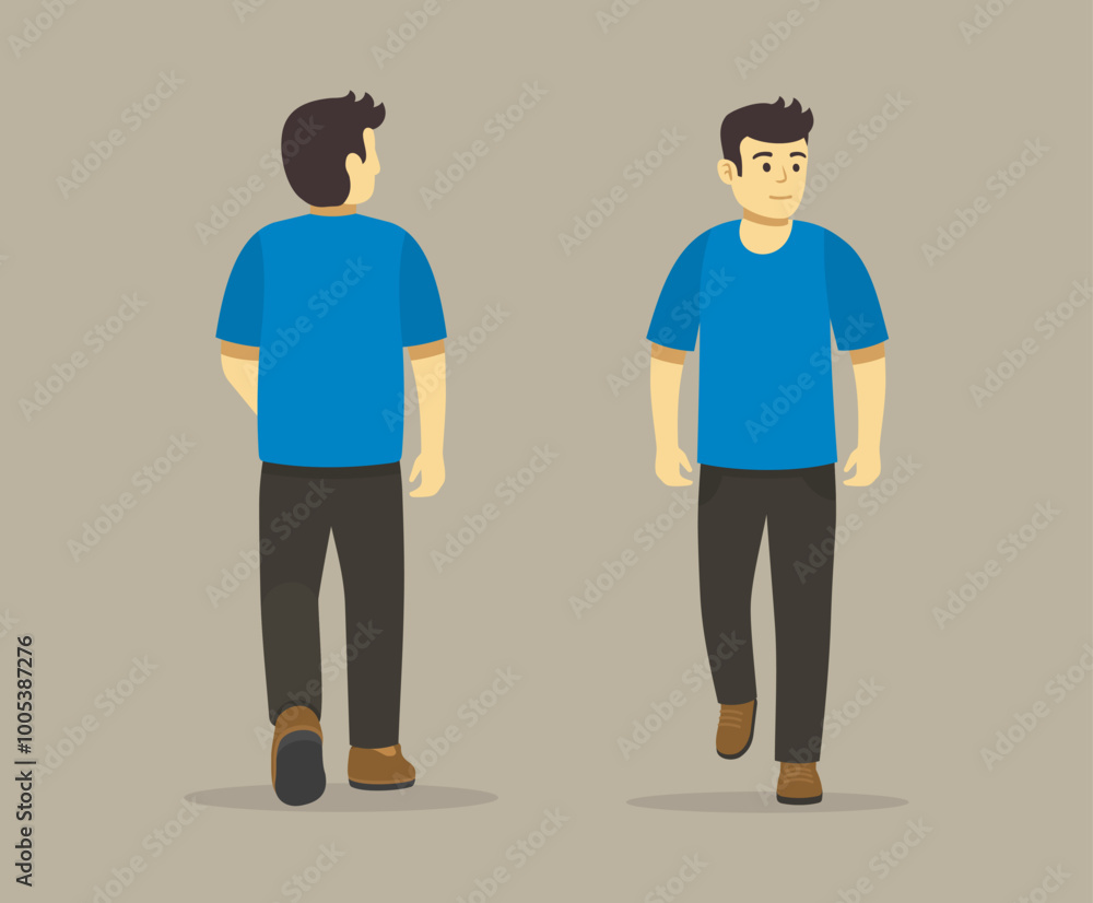 Isolated walking casual wearing male character. Front and back view. Flat vector illustration template. Isolated walking casual wearing male character. Front and back view. Flat vector illustration template.