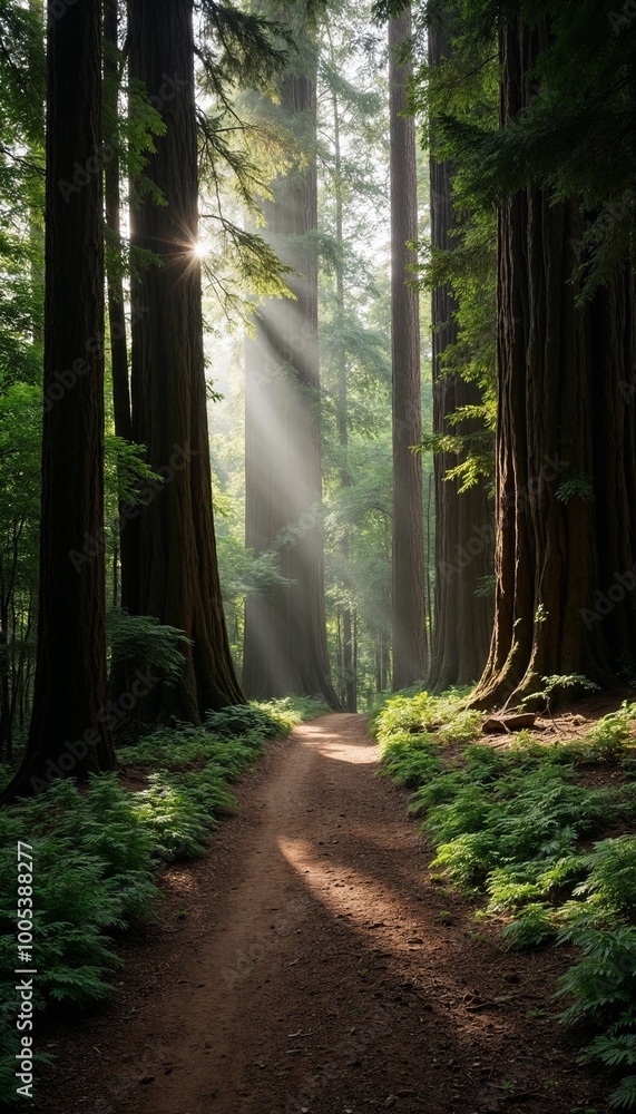 Naklejka premium Majestic redwood forest path illuminated by sunlight filtering through the trees