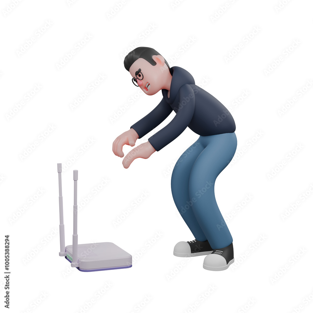 Illustrated Tech Professional. A male programmer is squatting in front of a WiFi router with both of his hands stretched forward. 3D Male Programmer