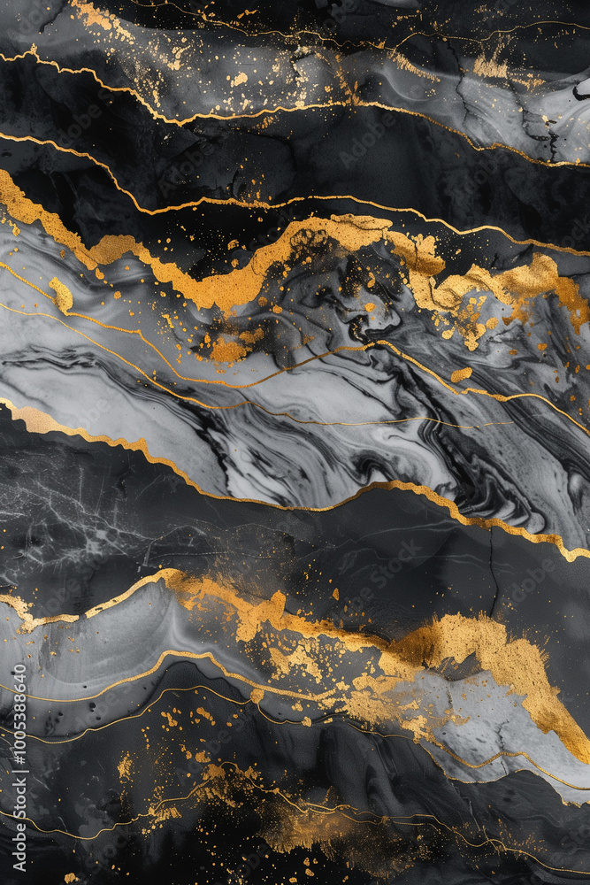 Abstract landscape featuring grey, black, and gold marble-style mountains Abstract landscape featuring grey, black, and gold marble-style mountains