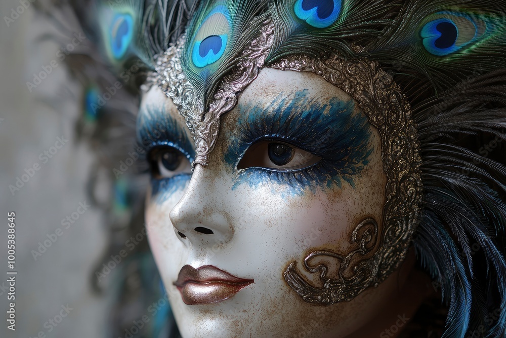 Hand-painted venetian mask with peacock feathers with generative ai Hand-painted venetian mask with peacock feathers with generative ai