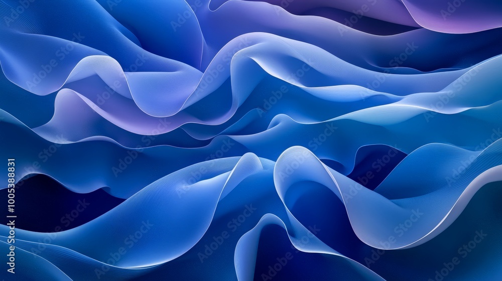 Fototapeta premium Abstract blue wave pattern with layered, translucent waves. The blue tones shift and blend, producing a sophisticated and harmonious visual