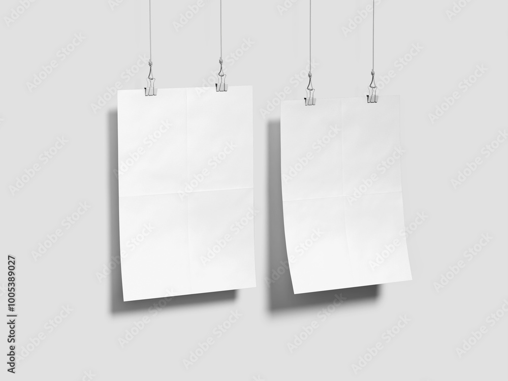 Two White Hanging Posters On A Wall Mockup 3D Rendering Two White Hanging Posters On A Wall Mockup 3D Rendering