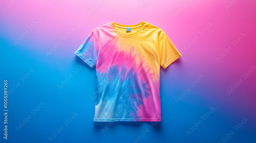 Front View of White T-Shirt with Vibrant Tie-Dye Pattern in Blue, Pink, and Yellow Front View of White T-Shirt with Vibrant Tie-Dye Pattern in Blue, Pink, and Yellow