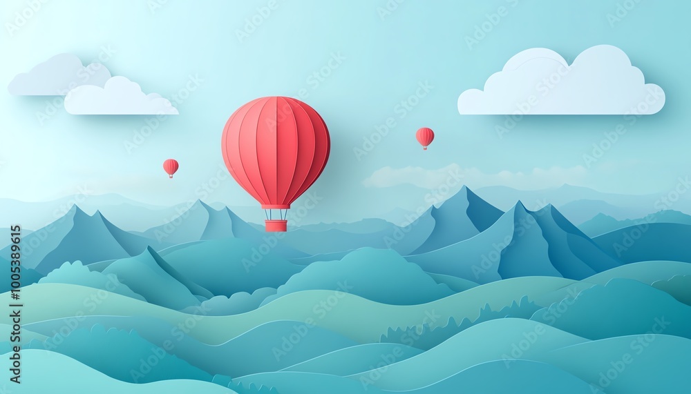 Obraz premium Charming hot air balloon floating above hills and mountains, paper art style with clear sky and copy space, perfect for banners, rich colors, highresolution