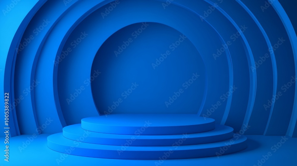Fototapeta premium Blue abstract background with circular shapes and podium for product display.