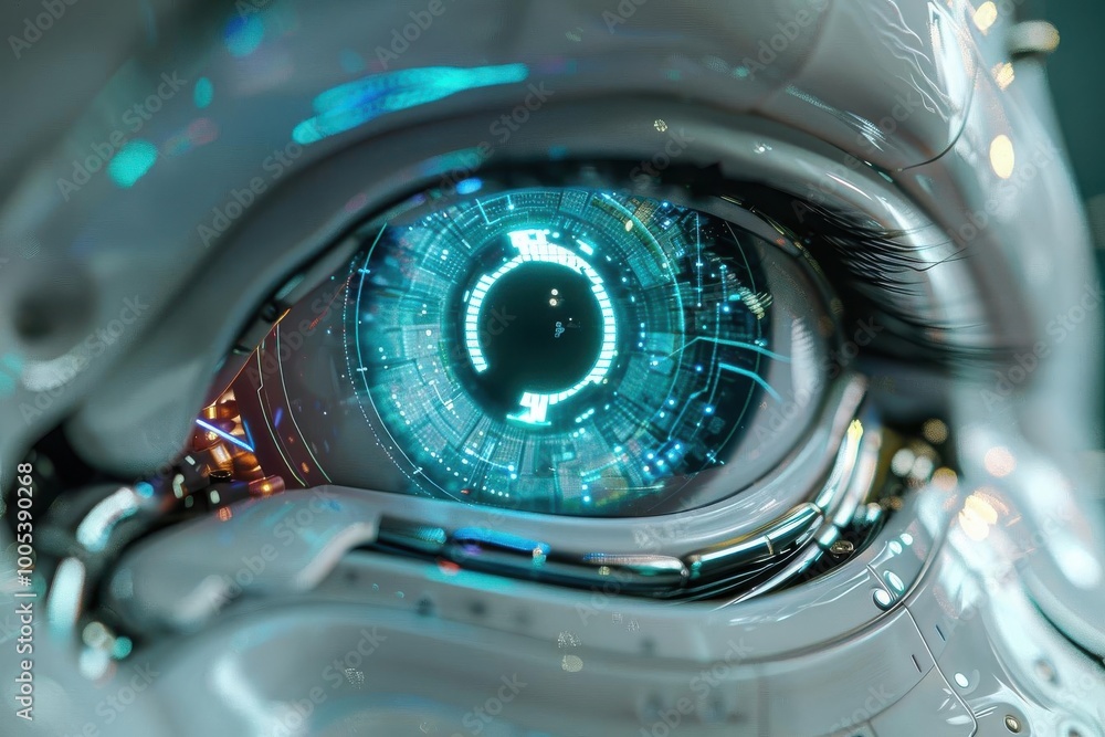 Close-up of a futuristic cybernetic eye with intricate digital details, representing advanced technology and artificial intelligence. Close-up of a futuristic cybernetic eye with intricate digital details, representing advanced technology and artificial intelligence.