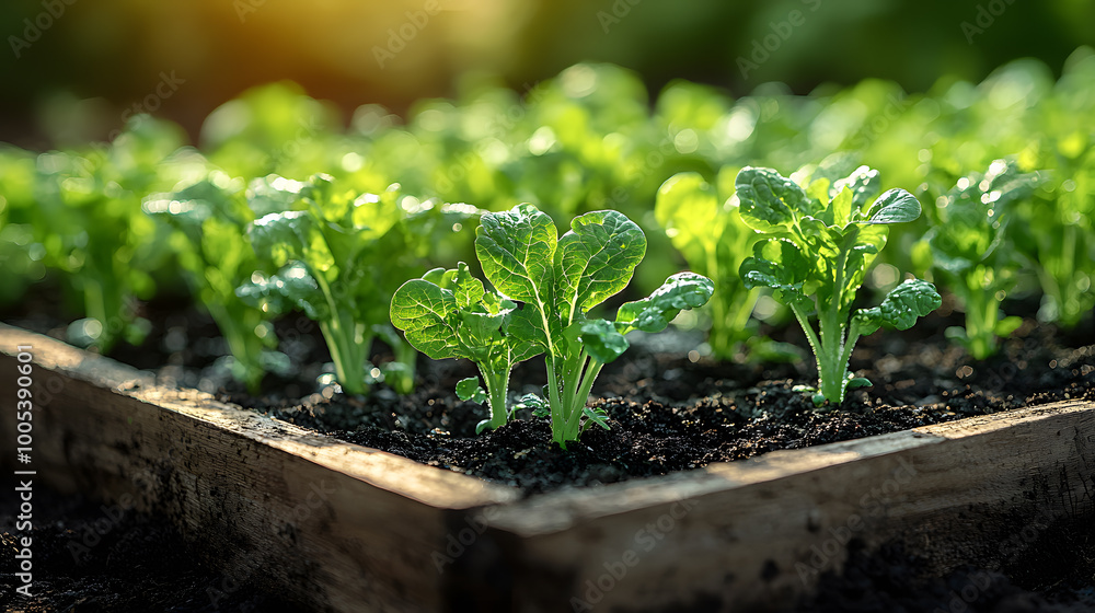 Close-up of fresh lettuce growing in a wooden box, showcasing healthy leaves in rich soil under sunlight. Close-up of fresh lettuce growing in a wooden box, showcasing healthy leaves in rich soil under sunlight.