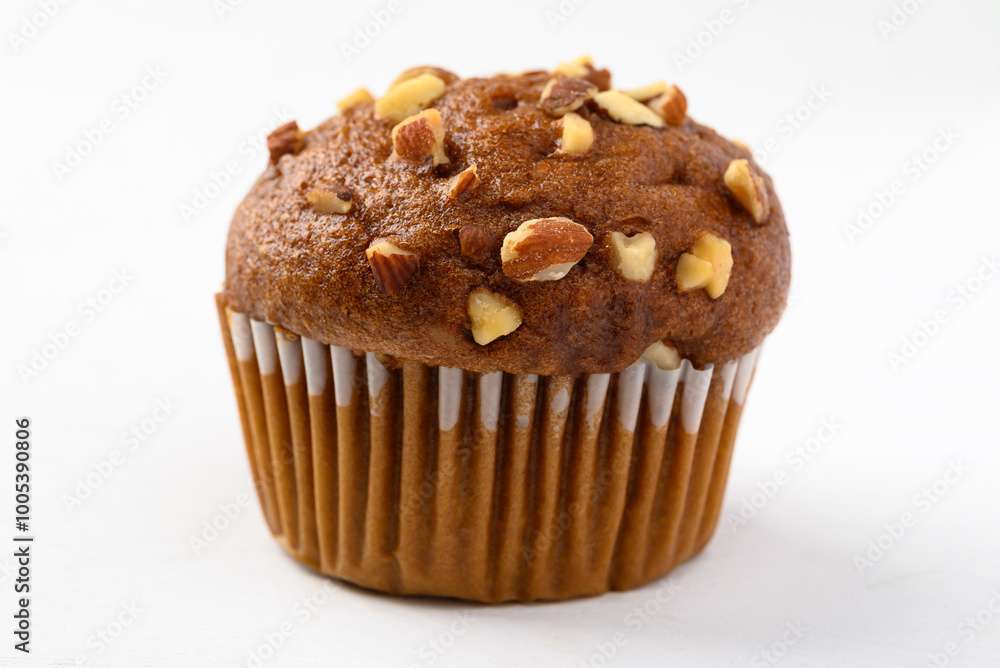 Chocolate almond muffin on white background Chocolate almond muffin on white background