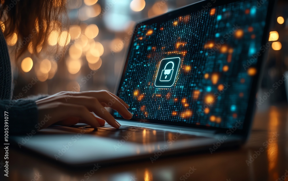 Closeup of a Privacy Lock icon on a laptop screen, woman using computer with virtual interfaces, emphasizing digital security, ultraHD Closeup of a Privacy Lock icon on a laptop screen, woman using computer with virtual interfaces, emphasizing digital security, ultraHD