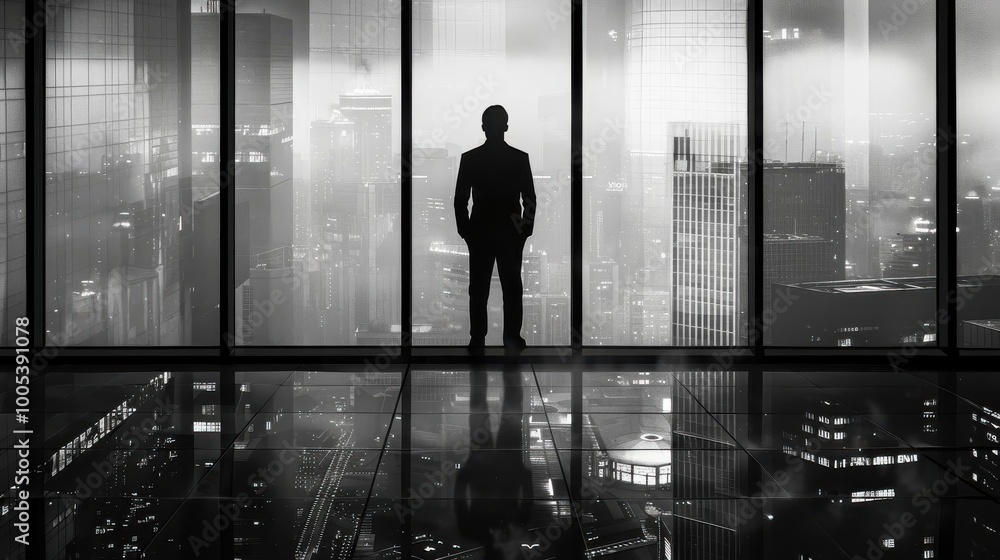 Fototapeta premium Silhouette of a businessman standing in front of a large window, overlooking a modern city skyline with tall skyscrapers at dusk.