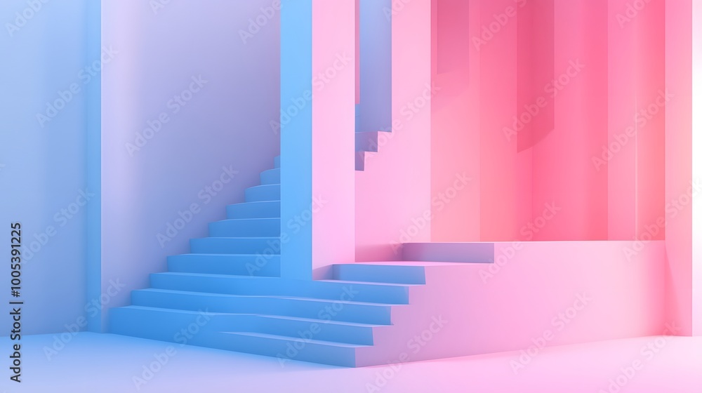 3d render, abstract background with steps and staircase, in pink and blue pastel colors. Architectural design elements. 3d render, abstract background with steps and staircase, in pink and blue pastel colors. Architectural design elements.
