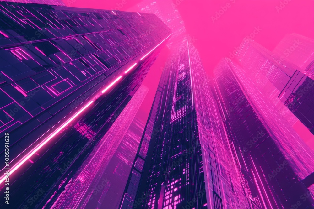 Fototapeta premium Repetitive layout of synthwave-inspired skyscrapers with a retro-futuristic design, creating a pattern.
