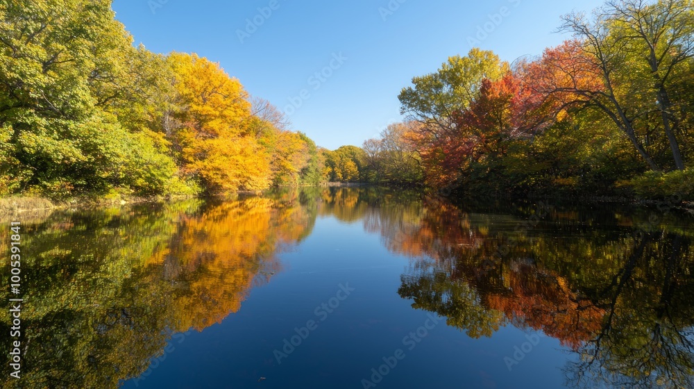 Tranquil Autumn Lake - Scenic view of colorful foliage reflecting in serene water amidst trees in fall season Tranquil Autumn Lake - Scenic view of colorful foliage reflecting in serene water amidst trees in fall season