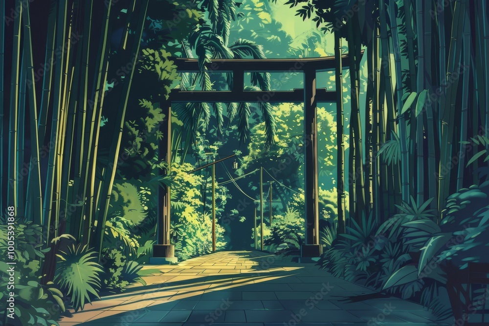 A forest with a wooden gate in the middle. The gate is surrounded by trees and bushes