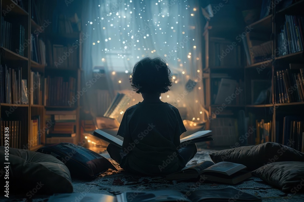 A child sitting in a magical library, surrounded by books and lights, reading a book with an enchanting glow. A child sitting in a magical library, surrounded by books and lights, reading a book with an enchanting glow.