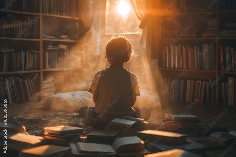 A child sitting in a sunlit library surrounded by books, immersed in a serene moment of reading and learning. A child sitting in a sunlit library surrounded by books, immersed in a serene moment of reading and learning.