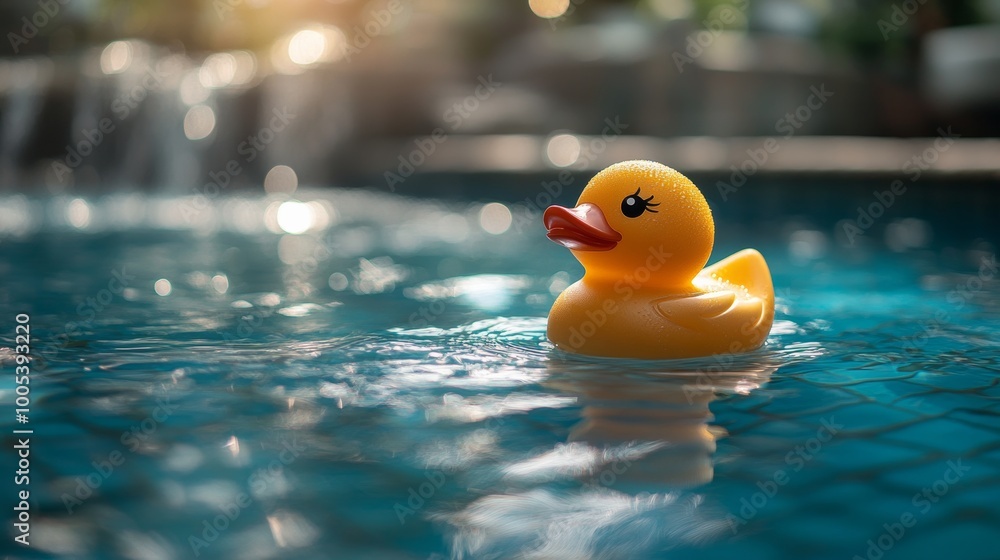 Yellow rubber duck floating in a swimming pool with sunlight reflections, relaxation and childhood concept Yellow rubber duck floating in a swimming pool with sunlight reflections, relaxation and childhood concept
