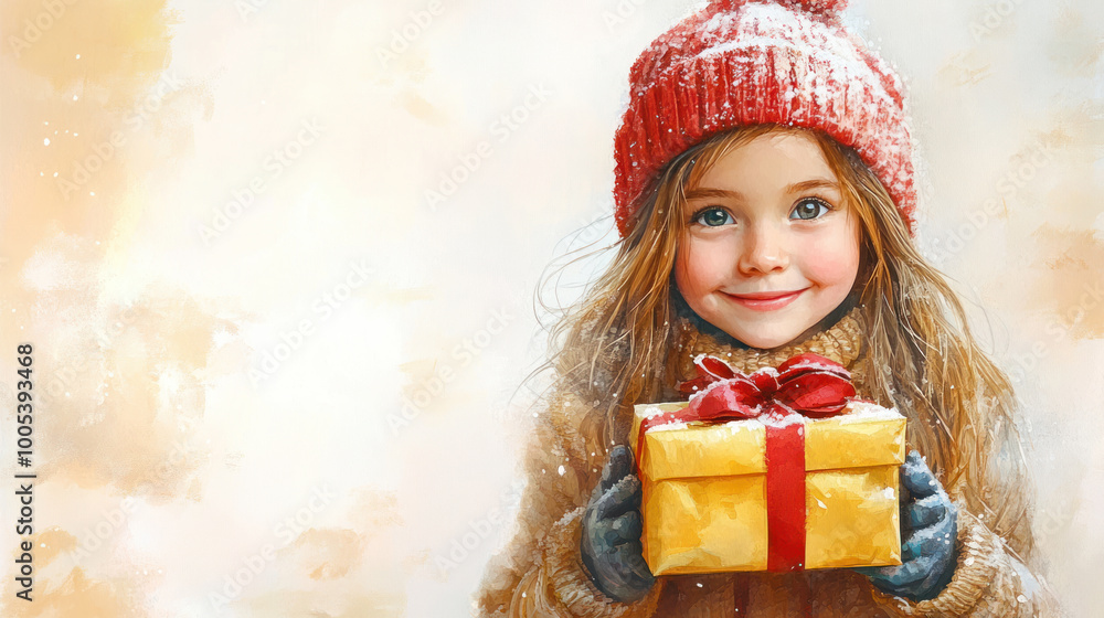 Yellow watercolor painting of a little girl holding christmast gift box Yellow watercolor painting of a little girl holding christmast gift box
