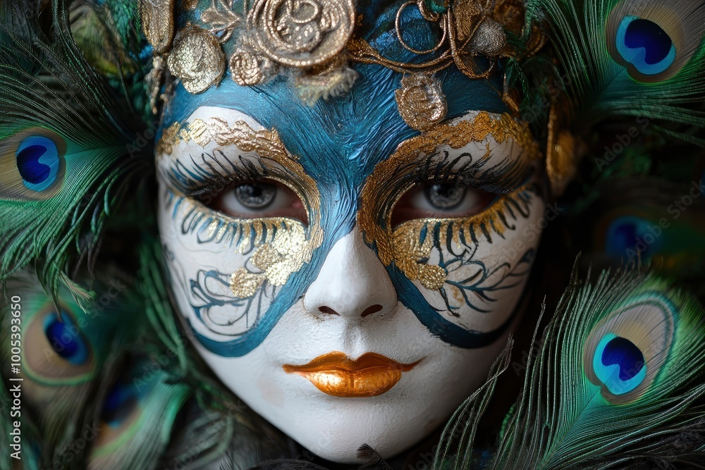 Hand-painted venetian mask with peacock feathers with generative ai Hand-painted venetian mask with peacock feathers with generative ai