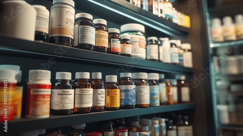 Wallpaper Mural A variety of supplements and vitamins are neatly organized on shelves in a pharmacy or health food store. Torontodigital.ca