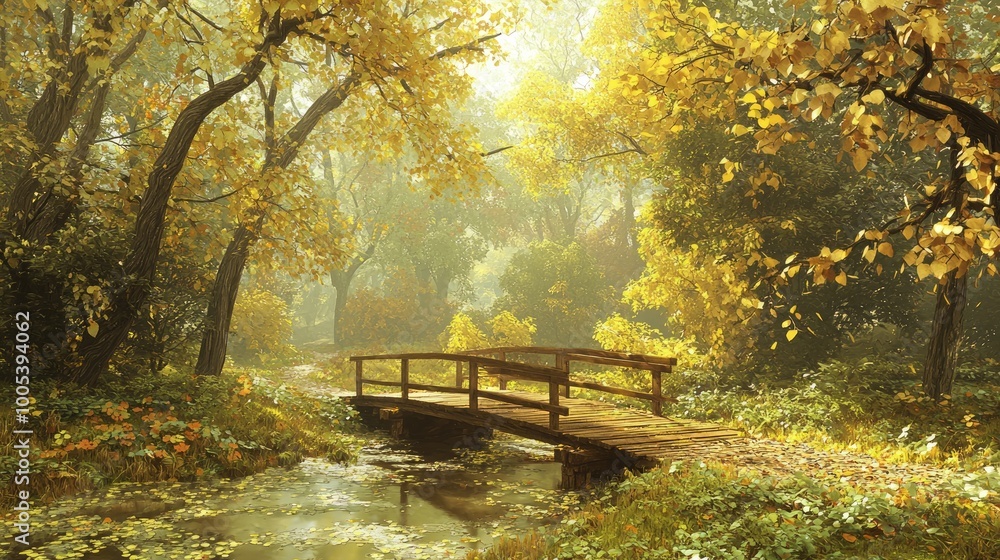 Serene Autumn Scene: Wooden Bridge Over Creek Surrounded by Colorful Trees Serene Autumn Scene: Wooden Bridge Over Creek Surrounded by Colorful Trees