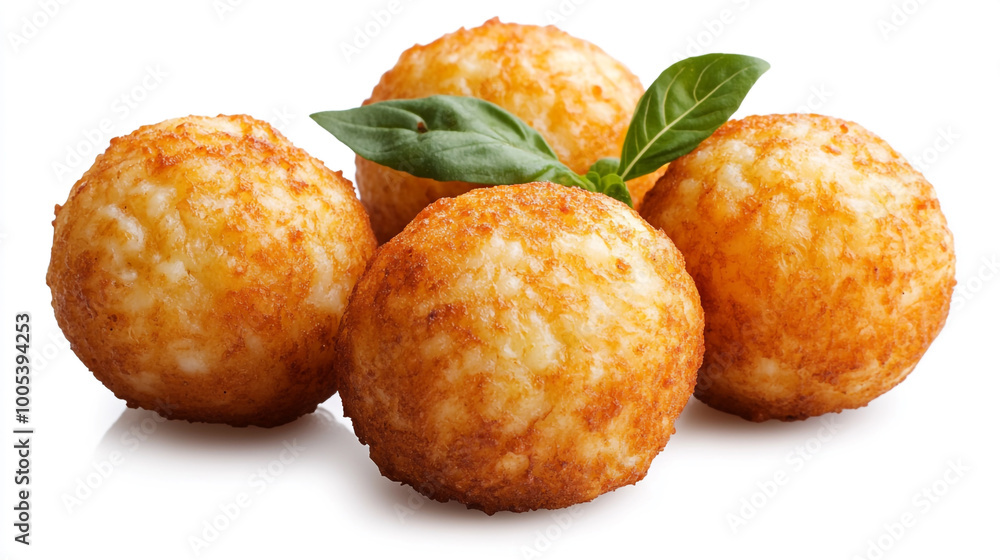 Golden-brown, crispy cheese balls garnished with fresh basil on white background Golden-brown, crispy cheese balls garnished with fresh basil on white background
