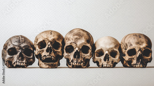 Five human skulls lined up display various stages of aging and condition in a neutral setting